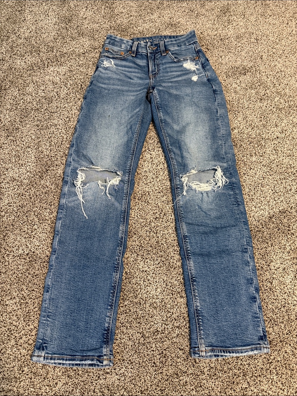 American Eagle Outfitters Distressed Straight-Leg Blue Jeans